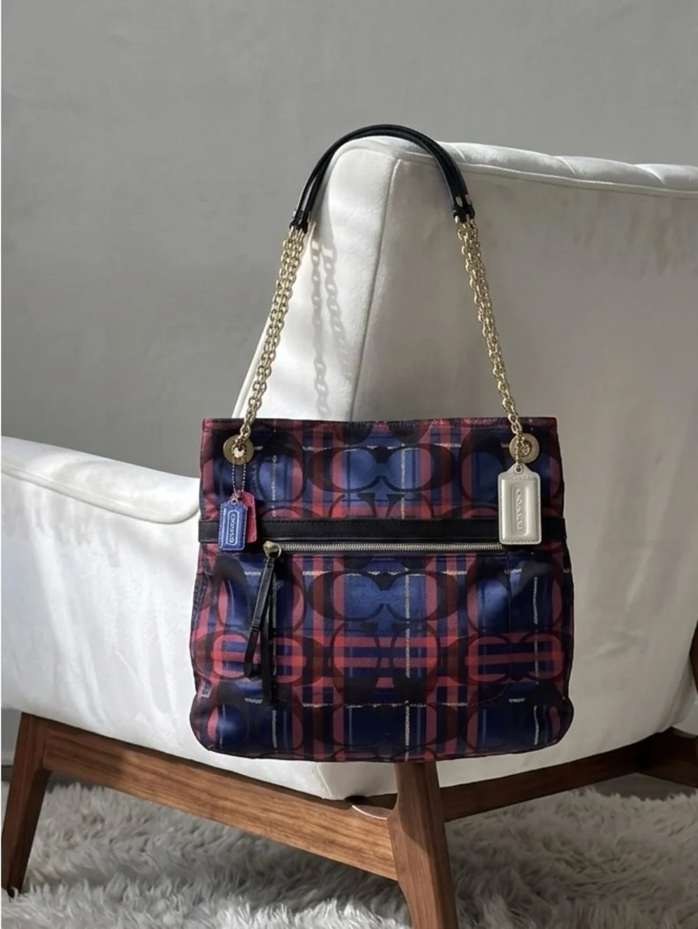 Coach Poppy metallic Tartan Plaid slim chain tote